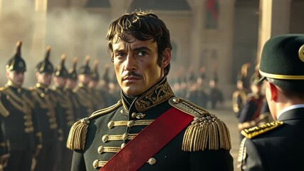 Historical military ceremony showcasing a commanding officer in formal attire during a significant event at a grand location