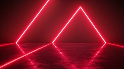 Red neon geometric shapes reflect on a smooth surface perfectly
