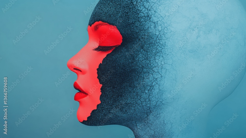 Poster a side profile of a human figure with a striking contrast of red and blue tones, creating an artisti