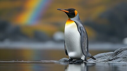 Penguin on Rock with Rainbow Background, National Geographic Style