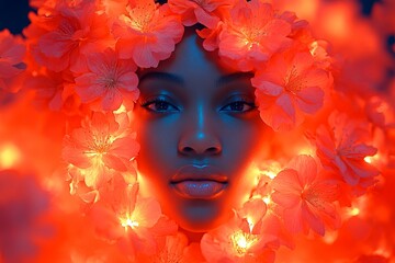 Spring mood, dark night and warm mystic light - complementary lighting. Commercial ad campaign creative. Lovely brazilian young woman surrounded by cherry blossoms. Bright woman in floral park.