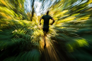 Blurred motion photo of man running through sunlit forest in bright colors
