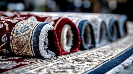 Colorful rolled rugs displayed in a traditional market setting