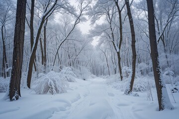 Fototapeta premium Serene Winter Forest Covered in Deep Snow for Tranquil Nature Experience