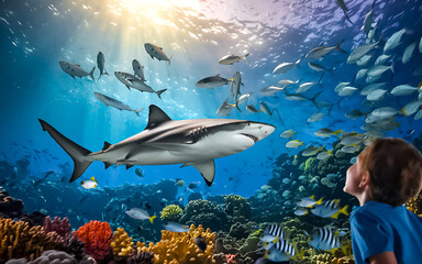 Fototapeta premium A young child stands in awe, gazing at a majestic shark swimming gracefully through a vibrant underwater world. The shark moves effortlessly alongside a school of fish.