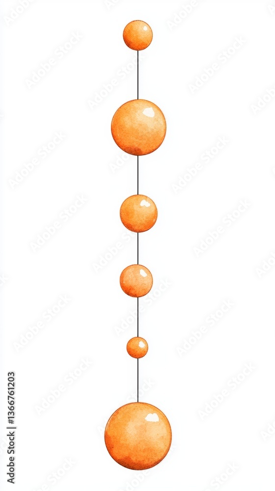 Poster a vertical arrangement of orange spheres gradually increasing in size, connected by thin lines, crea