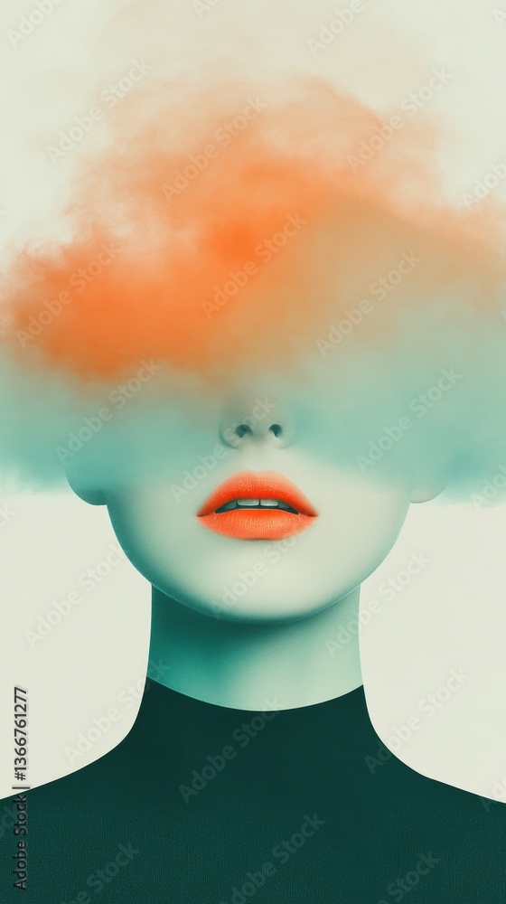 Poster a surreal image of a faceless figure with vibrant clouds obscuring the head, evoking a sense of myst
