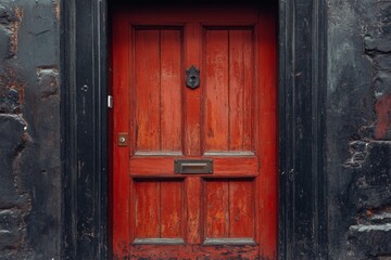 Red wooden door with black metal handle set in old weathered wall