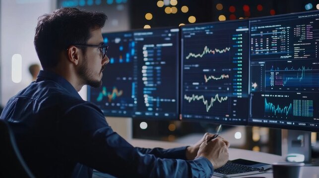 A digital asset manager creating AI driven crypto volatility prediction tools for traders, futuristic financial center with live volatility data, High-tech style