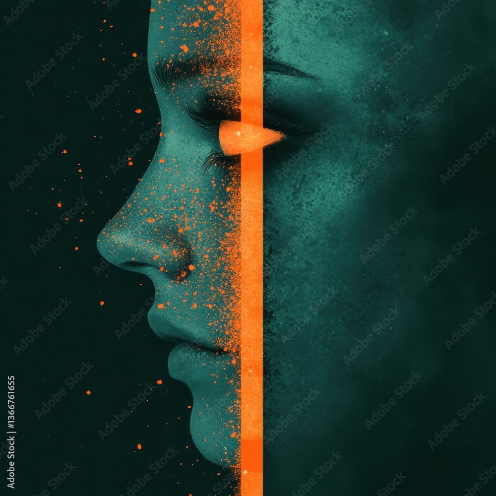 Poster an abstract profile portrait with a split color theme, showcasing a human face partially obscured by