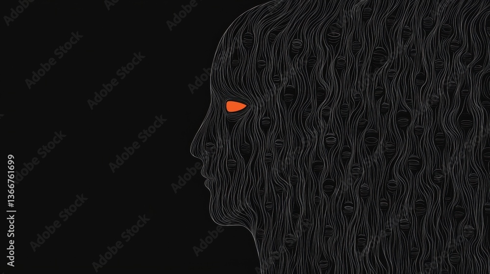 Poster a dark, abstract profile of a face with an orange eye, created using intricate patterns and lines ag