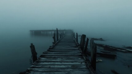 Misty Wooden Pier Extends Into Foggy Water; Tranquil Landscape Photography