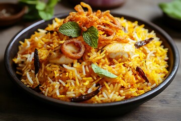 A beautiful dish of spicy biryani rice with golden rice, tender chicken, and a garnish of mint leaves and crispy fried onions. , full ultra HD, high resolution --ar 32 --no noise - Image #1 @Anfal