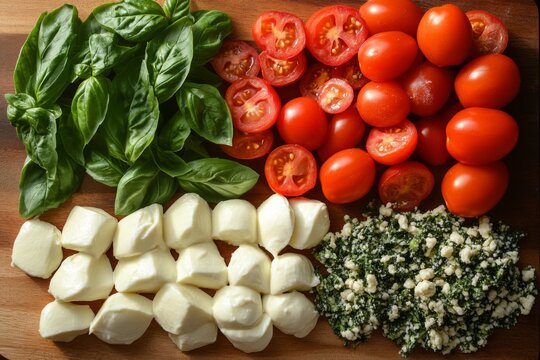 Fresh ingredients for Italian cooking including tomatoes mozzarella and herbs
