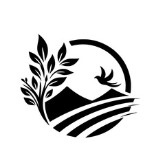 Serene Nature Emblem: Tree, Bird, and Mountain Silhouette within a Circle
