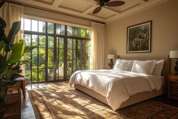 Bright bedroom with open windows sunlight and minimal decor