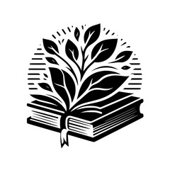 Knowledge Blossoms: Black & White Book and Plant Logo