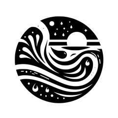 Serene Circle: Waves, Sunset, and Starlit Night