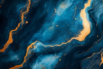 Abstract artwork with flowing blue and golden marble texture