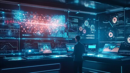 Obraz premium A digital asset manager creating AI powered decentralized wealth management tools for crypto investors, futuristic finance center with live asset data, High-tech style