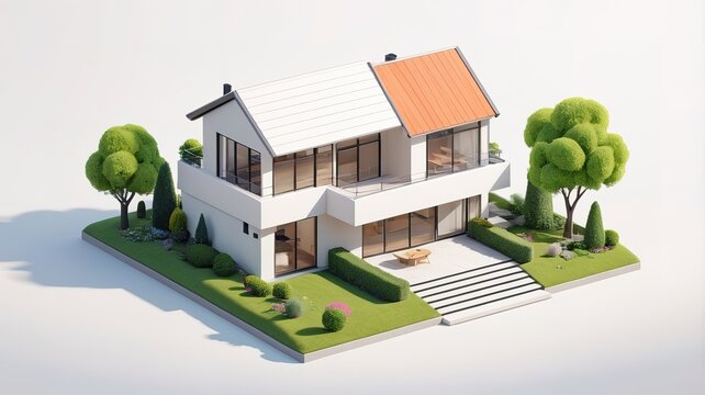 A small modern minimalist house isometric perspective,&nbsp;3D model miniature