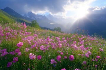 Fototapeta premium Mountain valley covered in pink wildflowers under blue sky