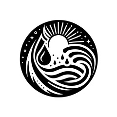 Cosmic Water Cycle: Sun, Rain, and Ocean in a Black and White Emblem