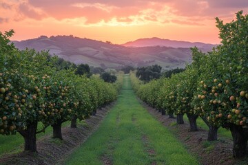 Naklejka premium Orchard landscape at sunset with rows of fruit trees and warm light