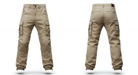 Khaki Cargo Pants Front and Back View Isolated on White Background