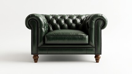 A heavy-set armchair in dark green leather with tufted cushions and wide wooden legs