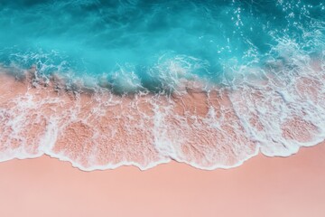 Soft pastel beach with gentle waves and pink sand under clear sky