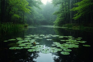 Obraz premium Green pond with lily pads and dense trees surrounding still water