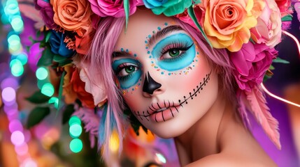 Naklejka premium Colorful sugar skull makeup with vibrant flowers and festive lights