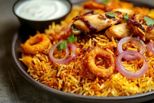 A beautiful plate of chicken biryani with aromatic rice, crispy fried onions, and tender chicken pieces, served with a side of tangy yogurt sauce. , full ultra HD, high resolution 