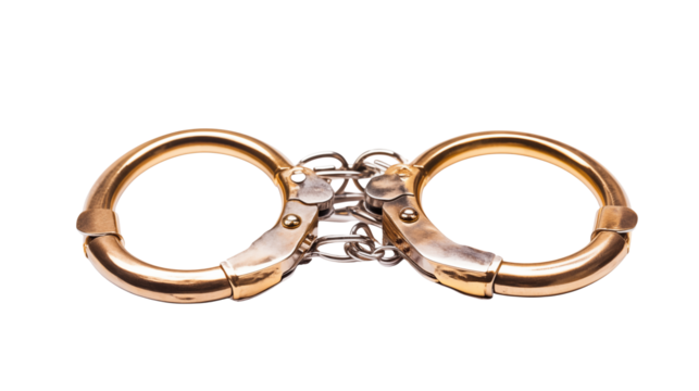 A pair of gold and silver handcuffs on a black background