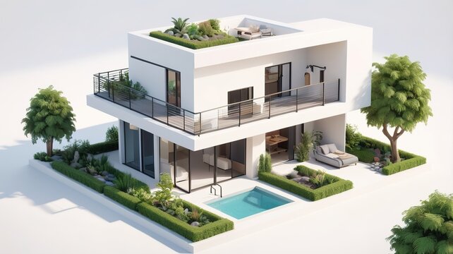 A small modern minimalist house isometric perspective,&nbsp;3D model miniature