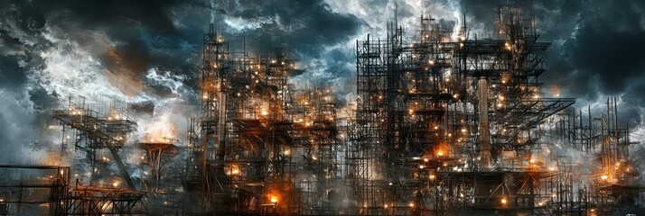 Industrial cityscape under stormy dramatic cloudy skies.