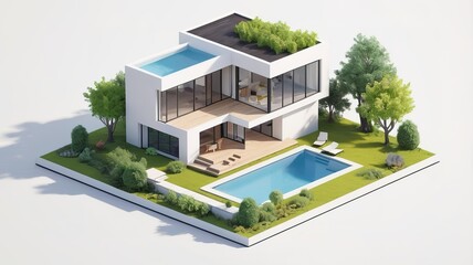 A small modern minimalist house isometric perspective,&nbsp;3D model miniature
