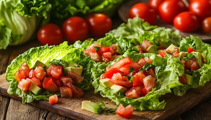 Freshly prepared lettuce wraps with avocado and tomatoes presented on a wooden table.