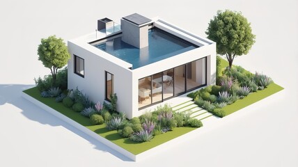 Fototapeta premium A small modern minimalist house isometric perspective,&nbsp;3D model miniature