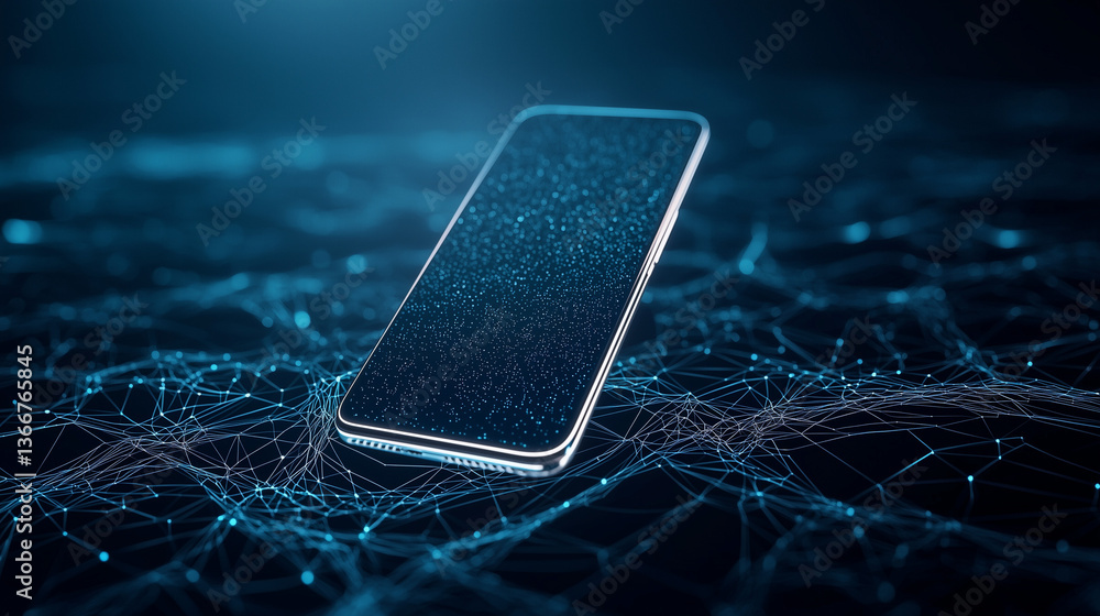 Aufkleber smart device in the digital universe: a sleek smartphone, representing modern connectivity, is posit