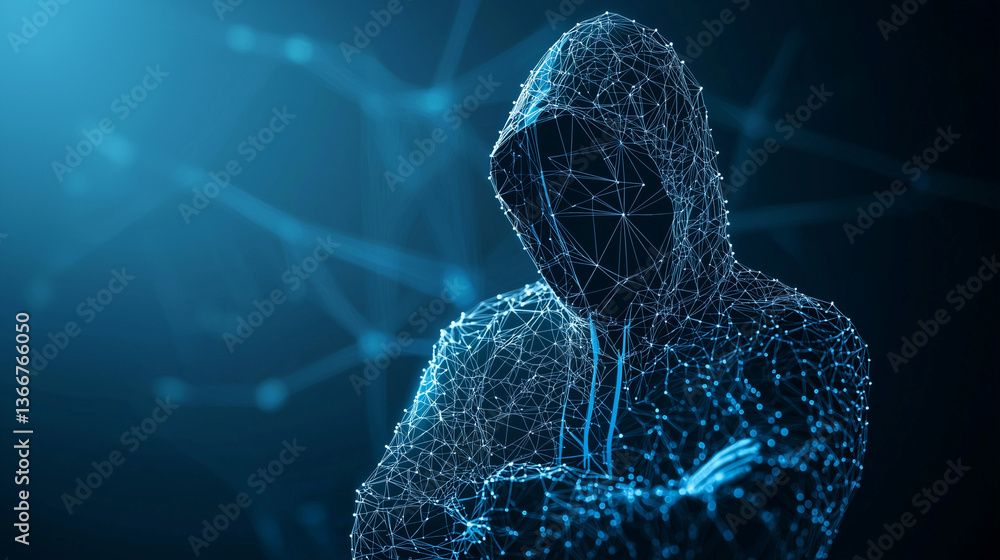 Poster the enigmatic hacker: a digital representation of a hooded figure, composed of interconnected lines 