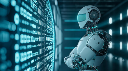 Fototapeta premium Cybernetic Contemplation: A futuristic robot stands before a vast digital data display, immersed in thought, with the cool blue glow of technology providing an artificial ambiance.