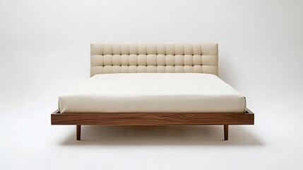 A minimalist bed with a low upholstered frame in soft beige fabric and a tufted headboard