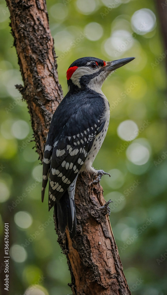 Poster close-up view of a woodpecker in a forest, with a bokeh background