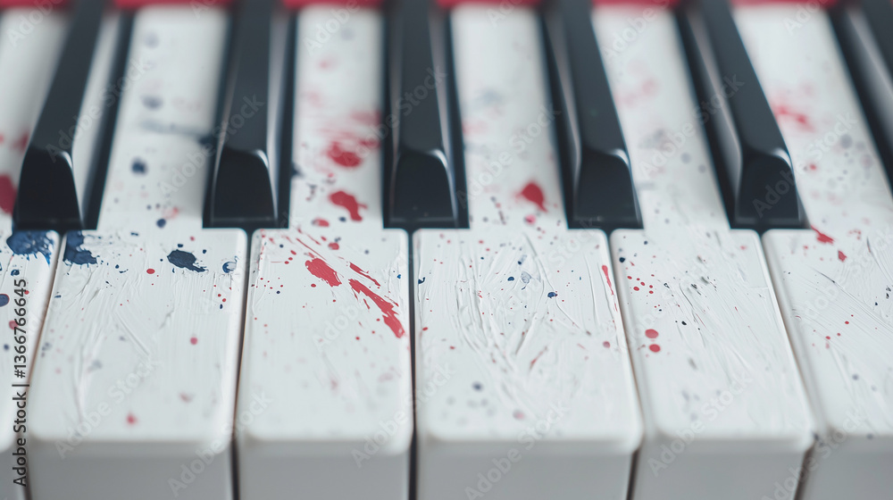 Poster melody of colors: a piano keyboard with keys adorned with vibrant splashes of paint, transforming a 