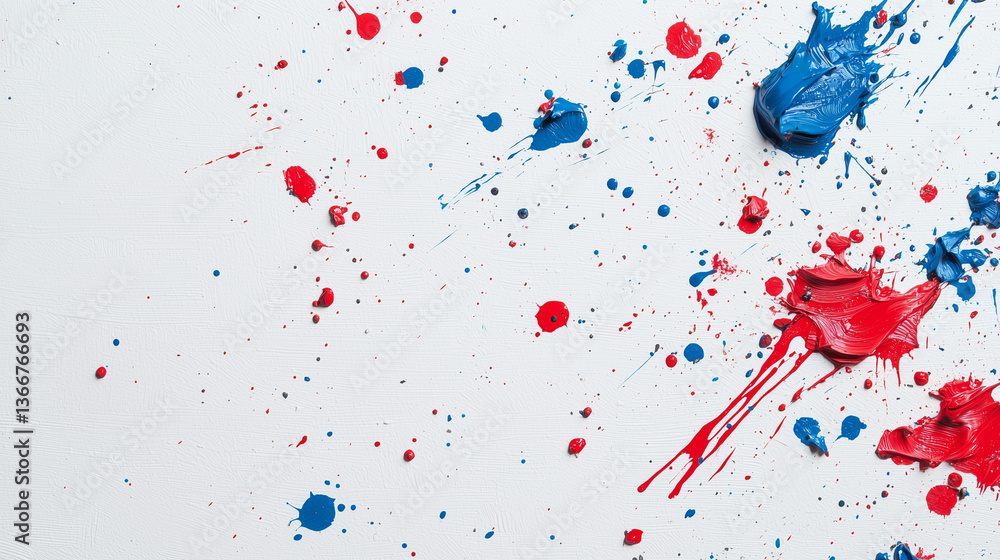 Poster abstract color burst: a vibrant explosion of red and blue paint splatters across the surface, formin