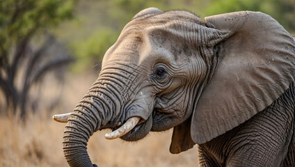 Close-up view of African Elephant cub in its natural environment with a blurred background