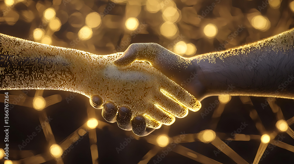 Poster collaborative partnership handshake digital realm 3d render futuristic environment close-up view tru