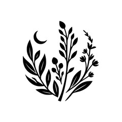 Botanical Crescent: Minimalist Black and White Emblem
